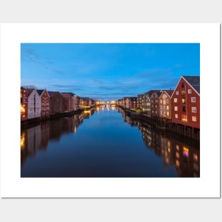 The old city of Trondheim and Nidelva River at evening. Norway Posters and Art